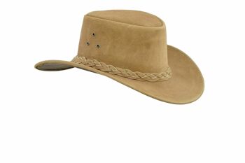 Chapeau de cowboy de style occidental australien en cuir véritable avec mentonnière - Camel - XS 1