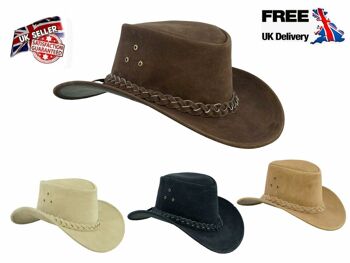 Chapeau de cowboy de style occidental australien en cuir véritable avec mentonnière - Camel - XS 2