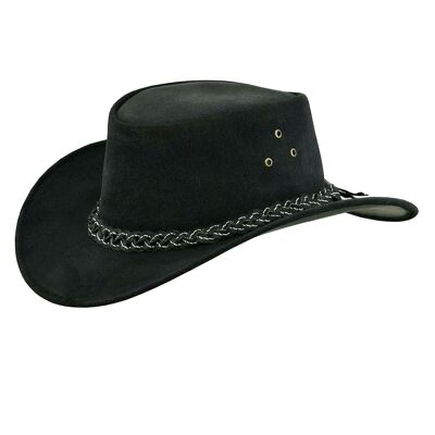 Australian Western Style Bush Cowboy Real Leather Hat With Chin Strap - Black - S