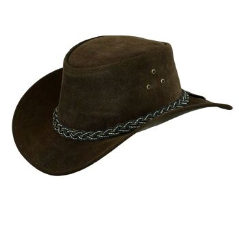 Chapeau en cuir véritable de style occidental australien Bush Cowboy avec mentonnière - Marron chocolat - XS 1