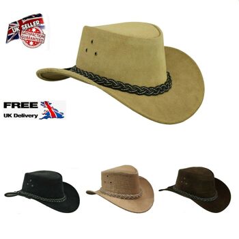 Chapeau en cuir véritable de style occidental australien Bush Cowboy avec mentonnière - Marron chocolat - XS 2
