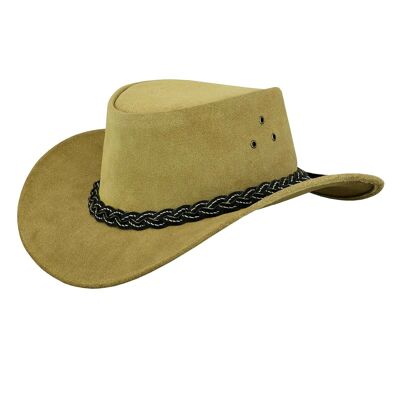 Australian Western Style Bush Cowboy Real Leather  Hat With  Chin Strap - Beige - M