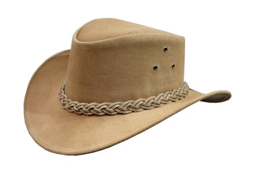 Australian Western Style Bush Cowboy Real Leather  Hat With  Chin Strap - Camel - XS