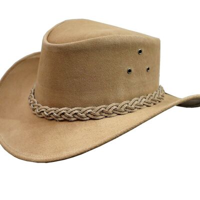 Sombrero de cuero auténtico estilo occidental australiano Bush Cowboy con correa para la barbilla - Camello - XS