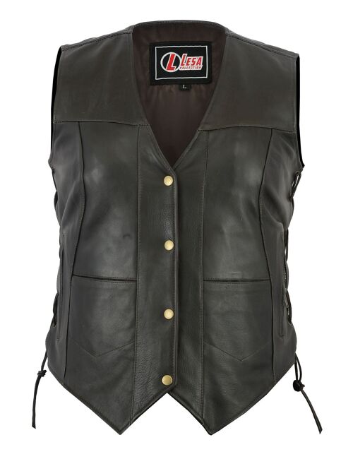 Women's Brown And Black Side Lace Leather 10 Pocket Vest - L - Brown