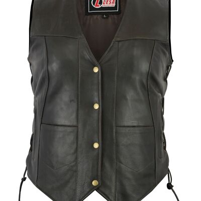 Gilet 10 poches en cuir marron et noir avec dentelle latérale pour femme - L - Noir