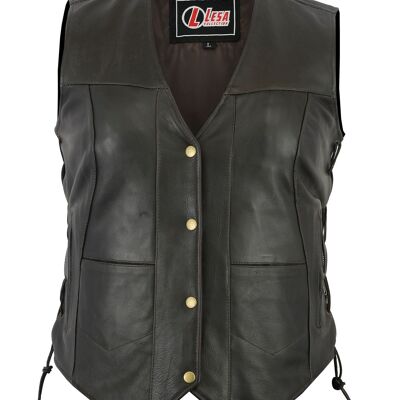 Gilet 10 poches en cuir marron et noir avec dentelle latérale pour femme - XL - Marron