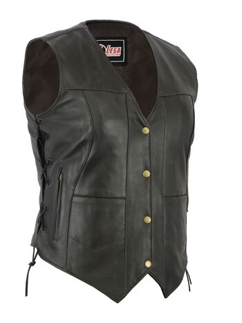 Gilet 10 poches en cuir marron et noir avec dentelle latérale pour femme - XL - Marron 2