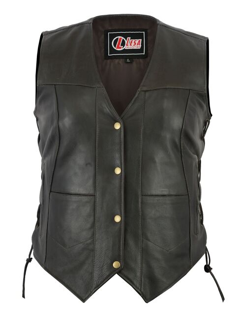 Women's Brown And Black Side Lace Leather 10 Pocket Vest - 6XL - Brown