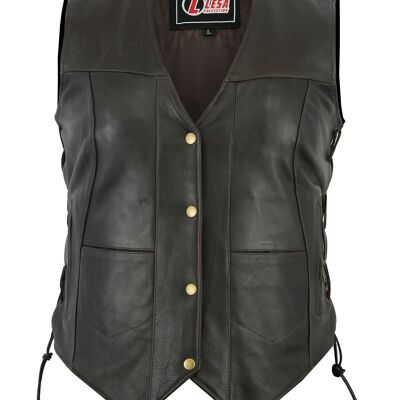 Women's Brown And Black Side Lace Leather 10 Pocket Vest - 6XL - Brown