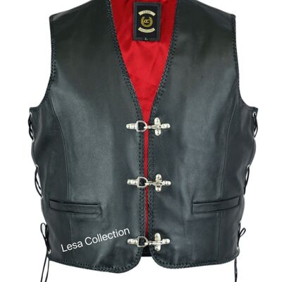 Leather Mens Fish Hook Buckle Biker Vest Sides Laces - L