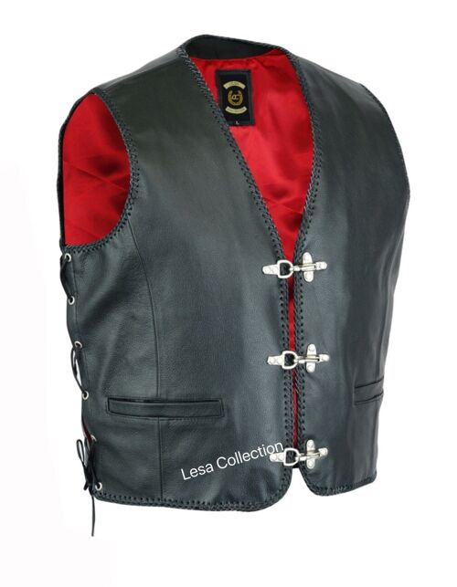 Leather Mens Fish Hook Buckle Biker Vest Sides Laces - 2XL