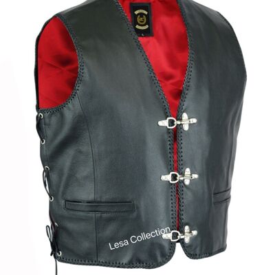 Leather Mens Fish Hook Buckle Biker Vest Sides Laces - 2XL