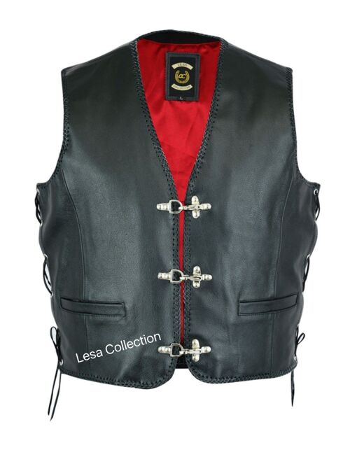 Leather Mens Fish Hook Buckle Biker Vest Sides Laces - 7XL