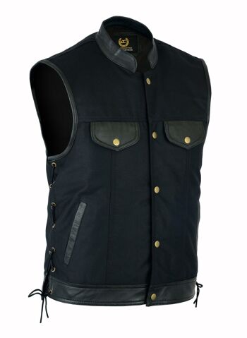 Gilet de style motard en dentelle latérale pour homme avec garniture en cuir et denim noir - 4XL 1