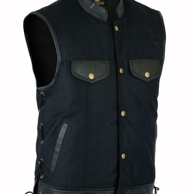 Gilet da motociclista in pizzo laterale da uomo con finiture in pelle e denim nero - XXL