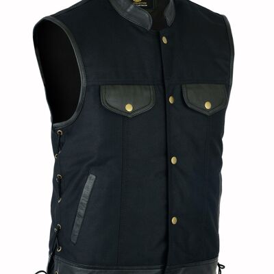 Mens Side Lace Biker Style Vest Leather Trim & Black Denim - 5XL