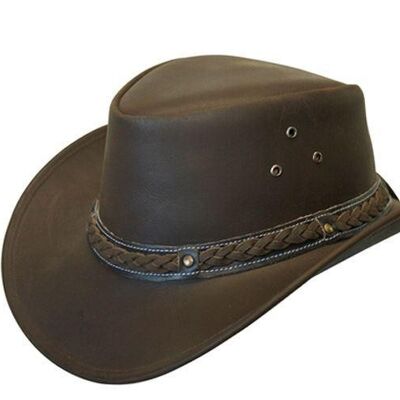 Leather Hat Aussie Bush Style Classic Western Outback Black/Brown - S - Brown