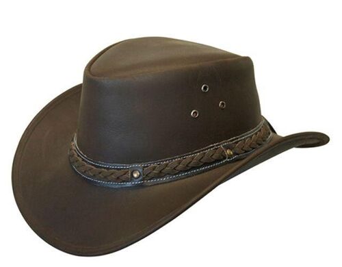 Leather Hat Aussie Bush Style Classic Western Outback Black/Brown - L - Brown
