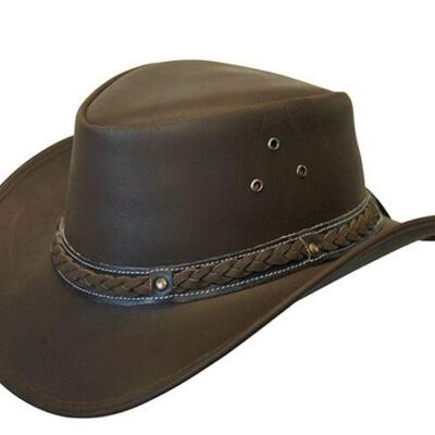 Leather Hat Aussie Bush Style Classic Western Outback Black/Brown - L - Brown