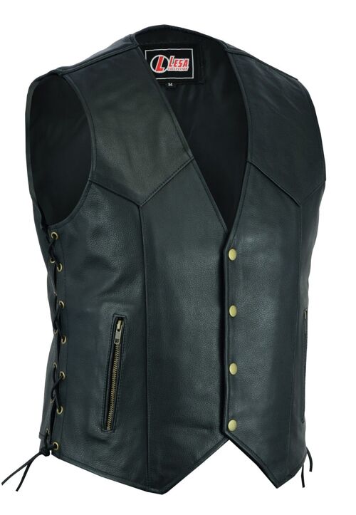 Mens Real Leather Motorcycle Waistcoat Biker Vest With Side Laces Real Choice - split leather - 4XL