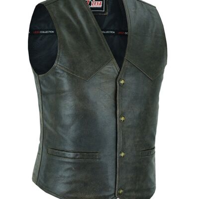 Mens Real Leather Waistcoat Motorcycle Biker Style Distressed Brown Vest - S