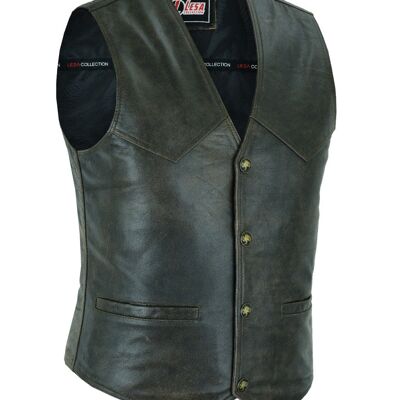 Gilet en cuir véritable pour homme, style motard, marron vieilli - L