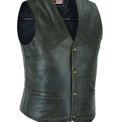 Mens Real Leather Waistcoat Motorcycle Biker Style Distressed Brown Vest - XL