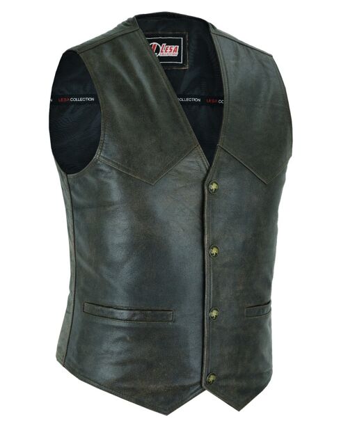 Mens Real Leather Waistcoat Motorcycle Biker Style Distressed Brown Vest - 4XL