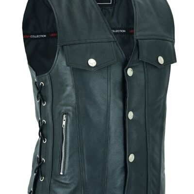 Gilet da motociclista stile motociclista in vera pelle da uomo, lacci laterali, gilet nero - S