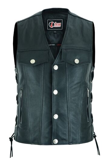 Gilet Homme en Cuir Véritable Style Motard Moto Lacets Latéraux Gilet Noir - S 2