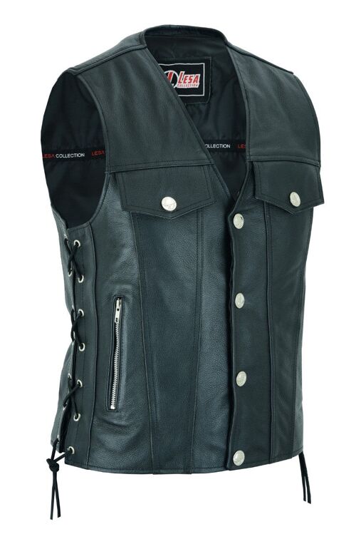 Mens Real Leather Biker Style Waistcoat Motorcycle Side Laces Black Vest - XL