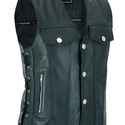 Mens Real Leather Biker Style Waistcoat Motorcycle Side Laces Black Vest - 5XL