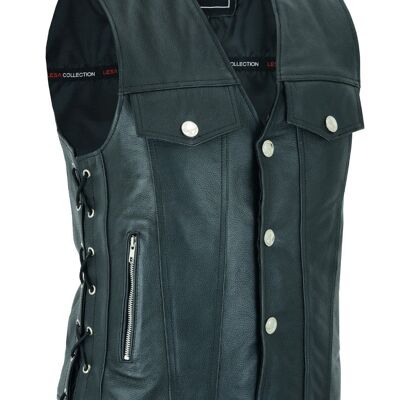 Chaleco de cuero real estilo motorista para hombre Chaleco negro con cordones laterales para motocicleta - 5XL