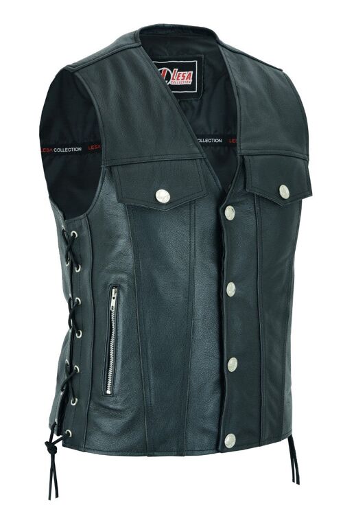 Mens Real Leather Biker Style Waistcoat Motorcycle Side Laces Black Vest - 6XL