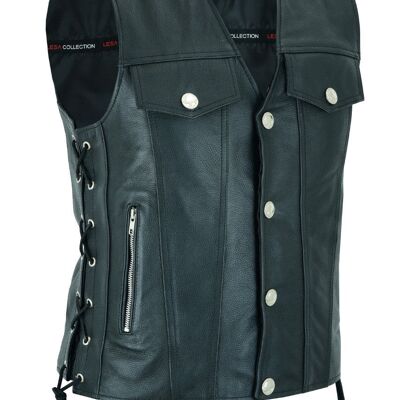 Mens Real Leather Biker Style Waistcoat Motorcycle Side Laces Black Vest - 6XL