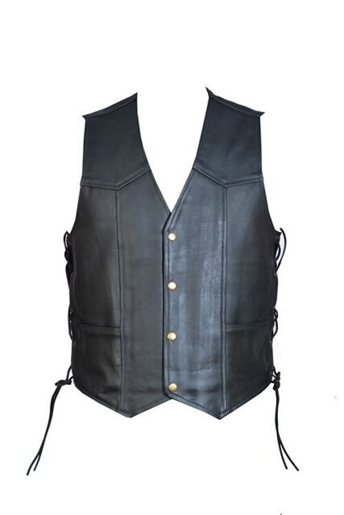 Leather Motorcycle Biker Style Waistcoat Vest With Laced Up Sides Black - 5XL