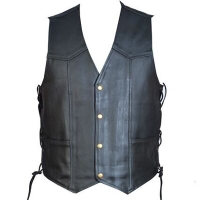 Leather Motorcycle Biker Style Waistcoat Vest With Laced Up Sides Black - 5XL