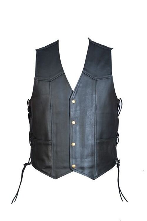 Leather Motorcycle Biker Style Waistcoat Vest With Laced Up Sides Black - L