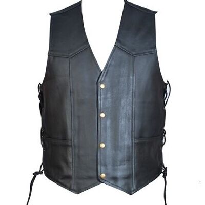 Leather Motorcycle Biker Style Waistcoat Vest With Laced Up Sides Black - 3XL