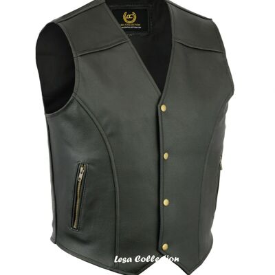 Leather Waistcoat Biker Vest Motorcycle Motorbike Leather Vest With 2Zip Pocket - M