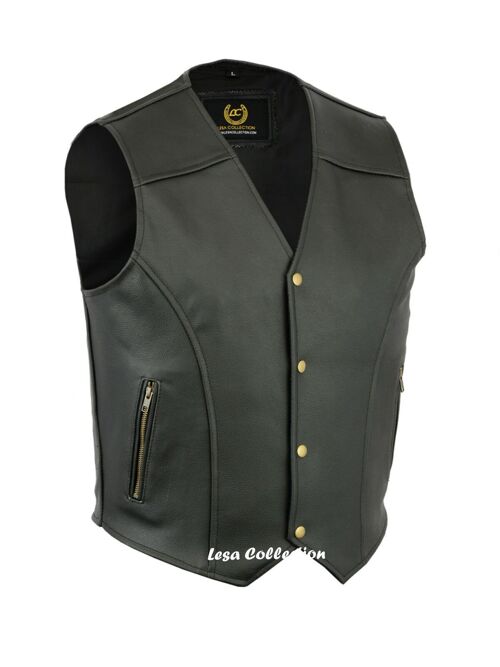 Leather Waistcoat Biker Vest Motorcycle Motorbike Leather Vest With 2Zip Pocket - XL