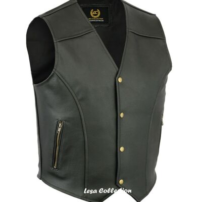 Leather Waistcoat Biker Vest Motorcycle Motorbike Leather Vest With 2Zip Pocket - XL