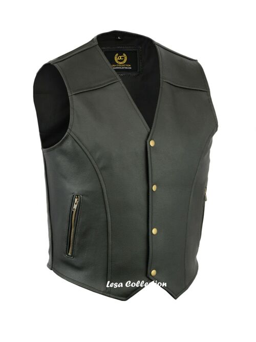 Leather Waistcoat Biker Vest Motorcycle Motorbike Leather Vest With 2Zip Pocket - 3XL