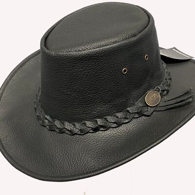 Australischer Cowboy-Buschhut aus echtem Leder im Westernstil, schwarzer Outback-Stil - L
