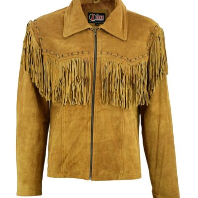 Nueva chaqueta de cuero de gamuza marrón occidental nativo americano para hombre Borlas con flecos - M