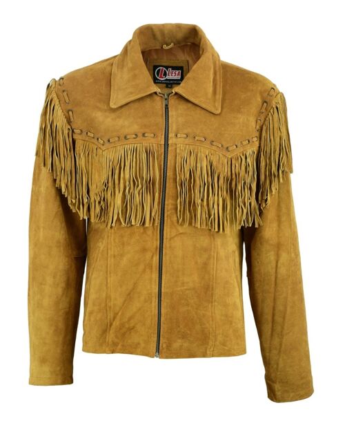 Mens New Native American Western Brown Suede Leather Jacket Fringe Tassels - L