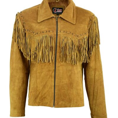 Mens New Native American Western Brown Suede Leather Jacket Fringe Tassels - L