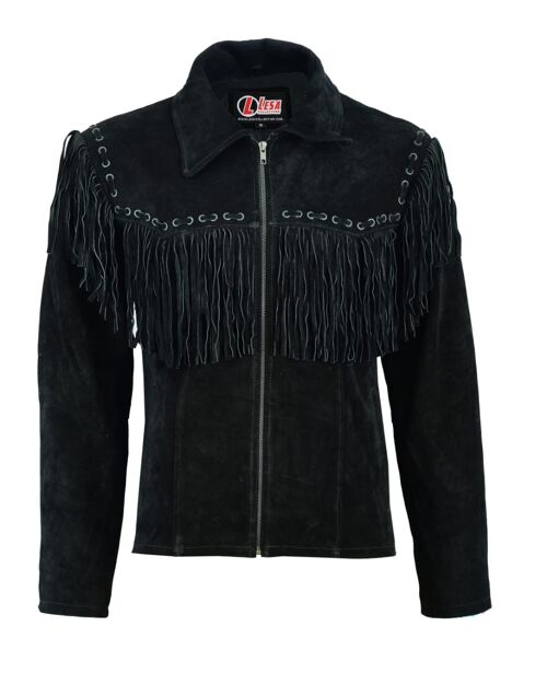 Mens Black Suede Cowboy Western Leather Jacket With Fringe - L