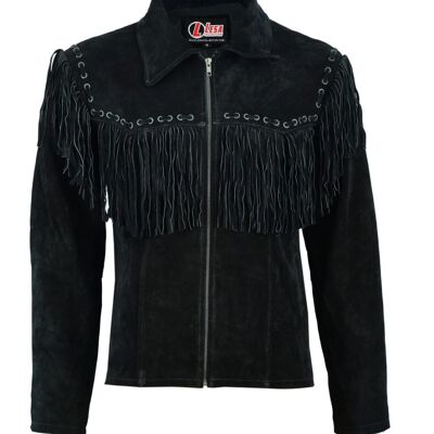 Mens Black Suede Cowboy Western Leather Jacket With Fringe - L